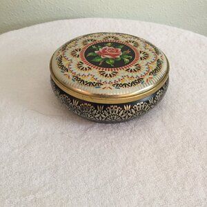 Vintage Made in England Embossed Metal Decorative Floral Tin 5" x 2" Trinket Con